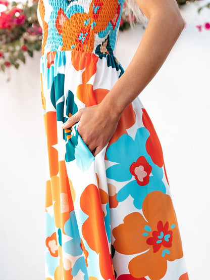 Sunshine Blossom Smocked Bodice Maxi Dress with Self-Tie Straps