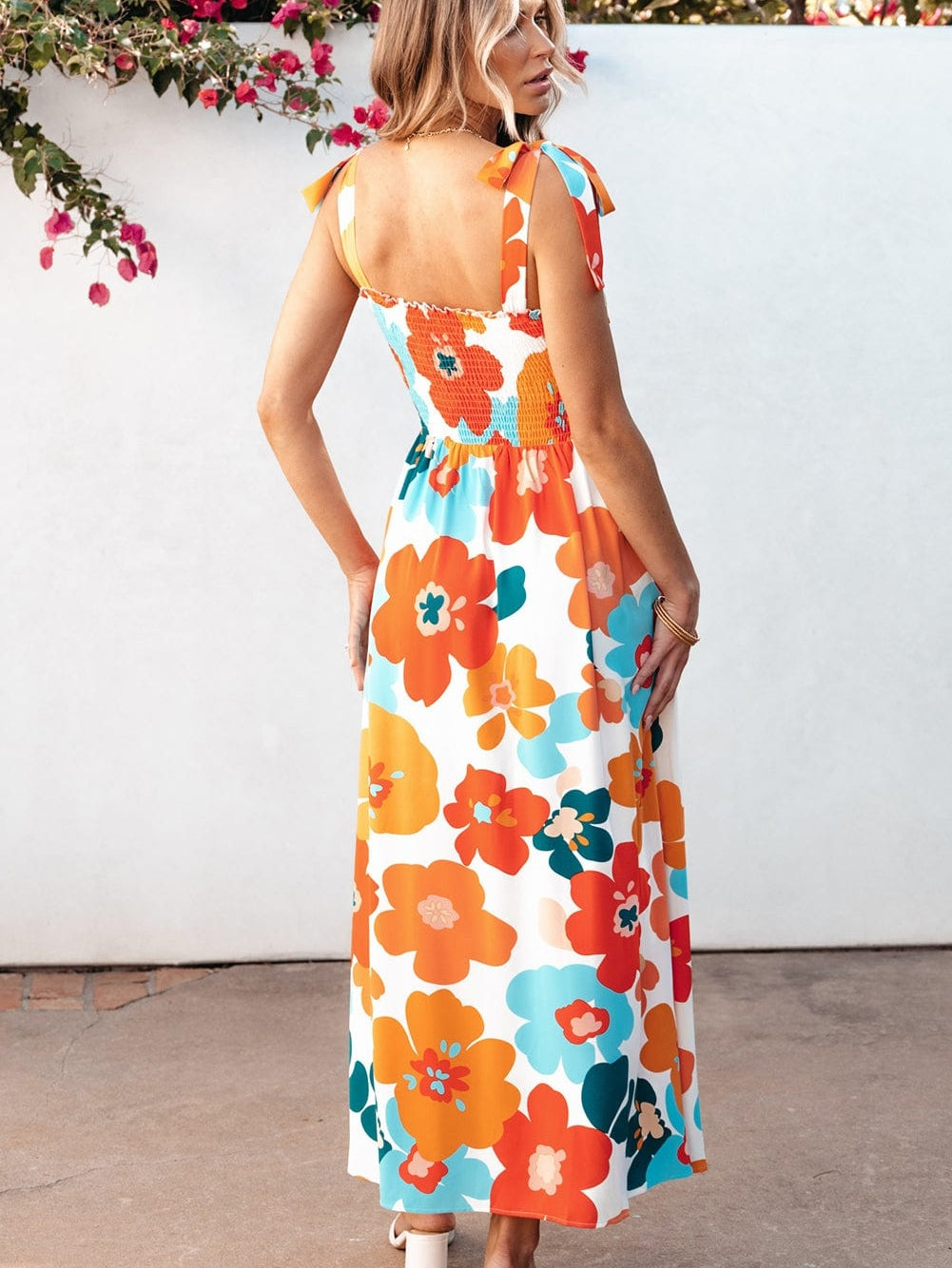 Sunshine Blossom Smocked Bodice Maxi Dress with Self-Tie Straps