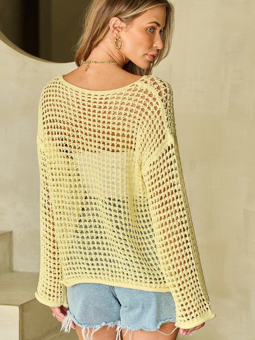 Sunshine Yellow Crochet Bell Sleeve Boho Sweater Tunic