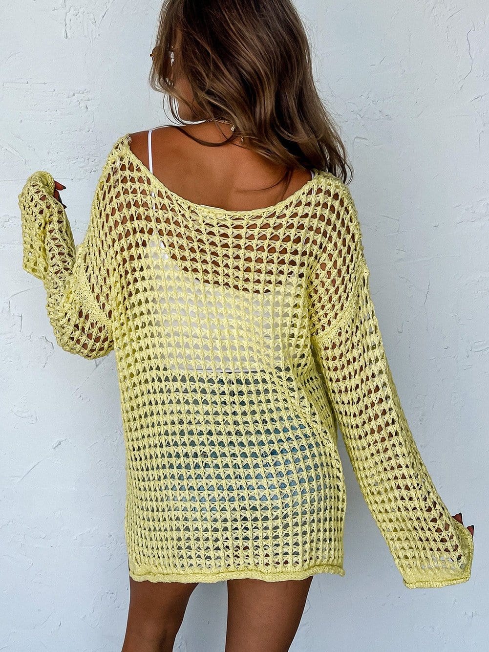 Sunshine Yellow Crochet Bell Sleeve Boho Sweater Tunic