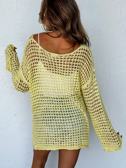 Sunshine Yellow Crochet Bell Sleeve Boho Sweater Tunic