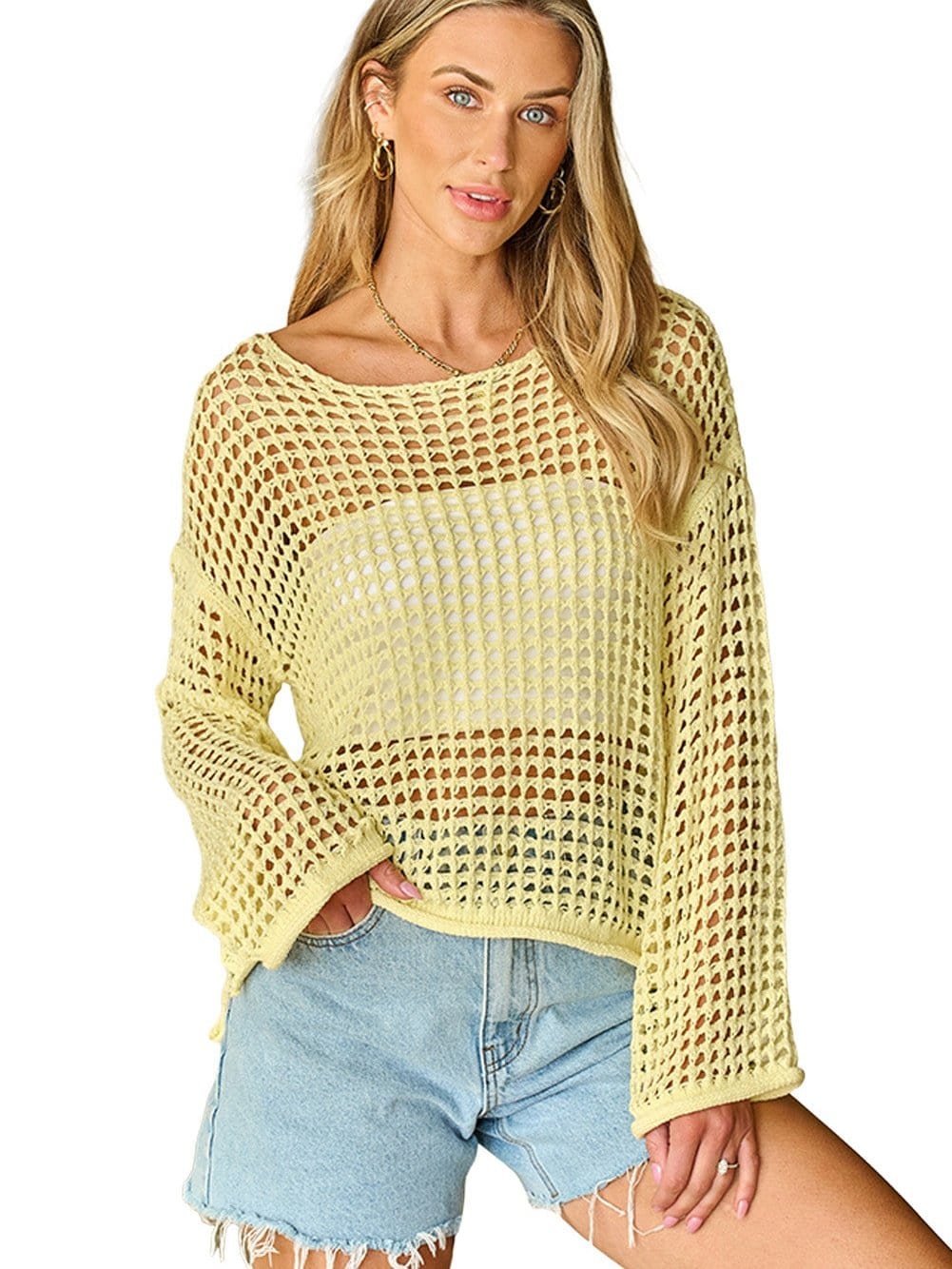 Sunshine Yellow Crochet Bell Sleeve Boho Sweater Tunic