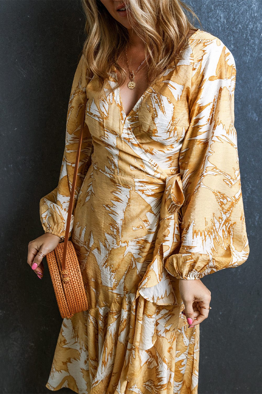 Sunshine Yellow Floral Midi Dress with Bubble Sleeves