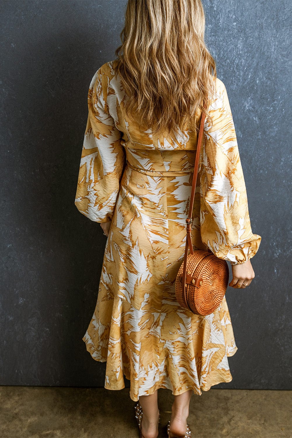 Sunshine Yellow Floral Midi Dress with Bubble Sleeves