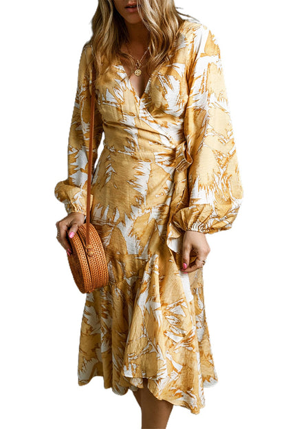 Sunshine Yellow Floral Midi Dress with Bubble Sleeves
