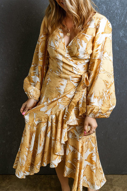Sunshine Yellow Floral Midi Dress with Bubble Sleeves