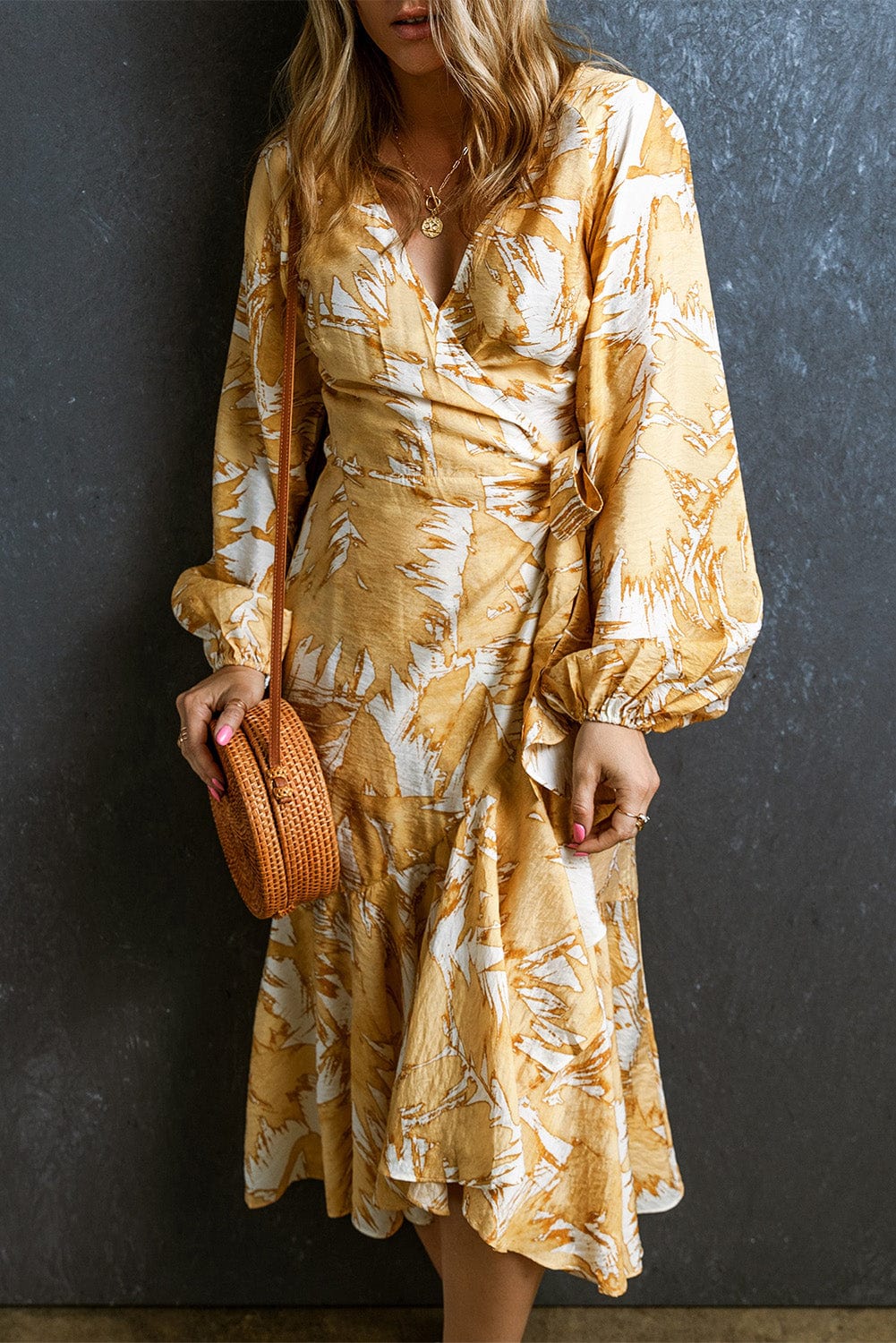 Sunshine Yellow Floral Midi Dress with Bubble Sleeves