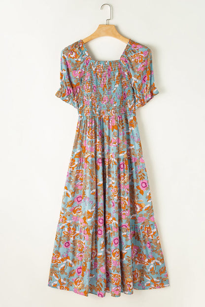 Sunshine Yellow Floral Smocked Puff Sleeve Dress