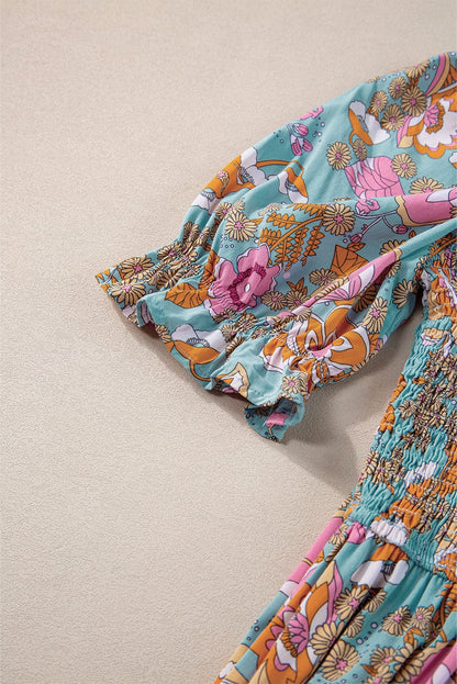 Sunshine Yellow Floral Smocked Puff Sleeve Dress