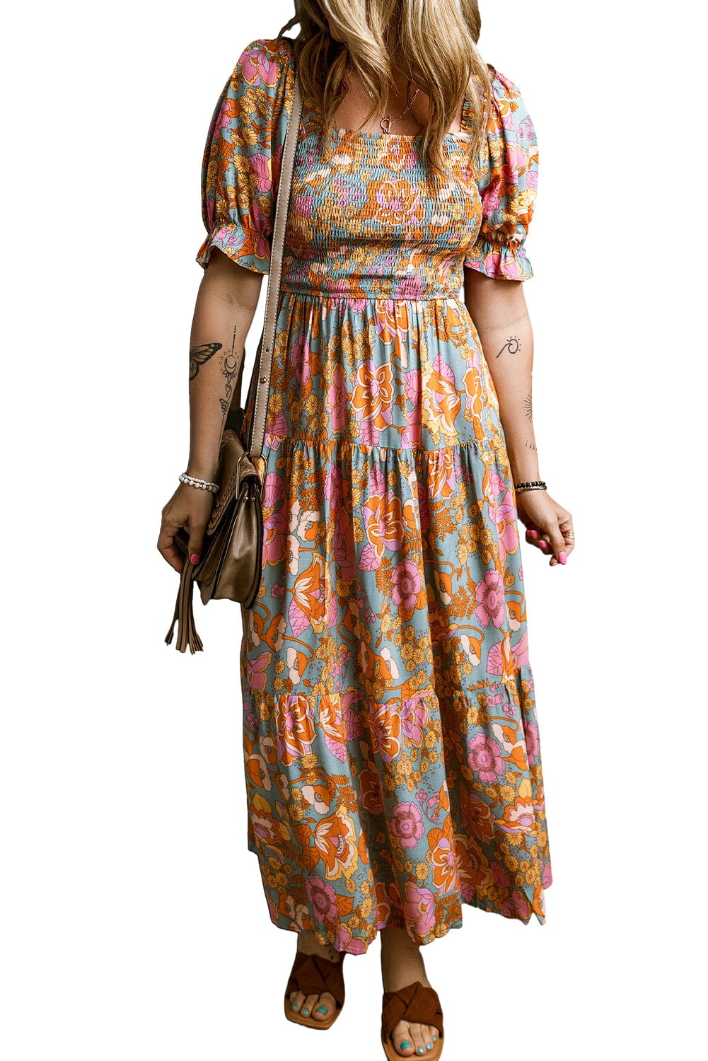 Sunshine Yellow Floral Smocked Puff Sleeve Dress