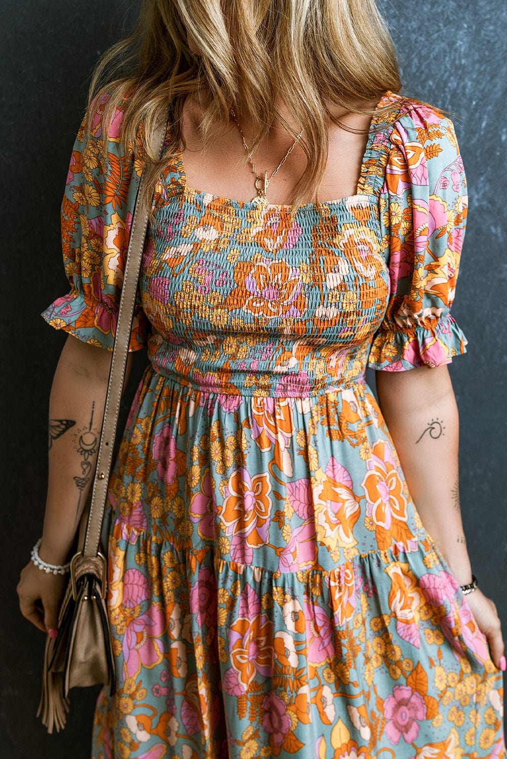 Sunshine Yellow Floral Smocked Puff Sleeve Dress