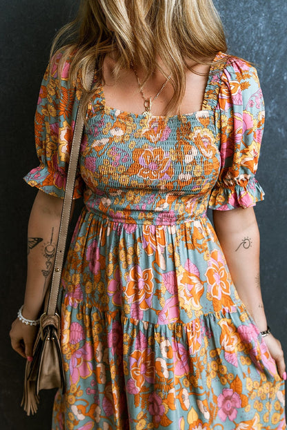 Sunshine Yellow Floral Smocked Puff Sleeve Dress