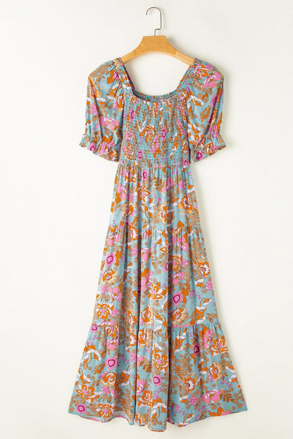 Sunshine Yellow Floral Smocked Puff Sleeve Dress