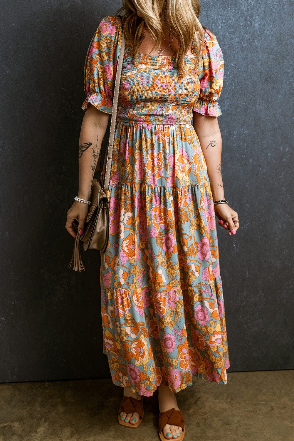 Sunshine Yellow Floral Smocked Puff Sleeve Dress