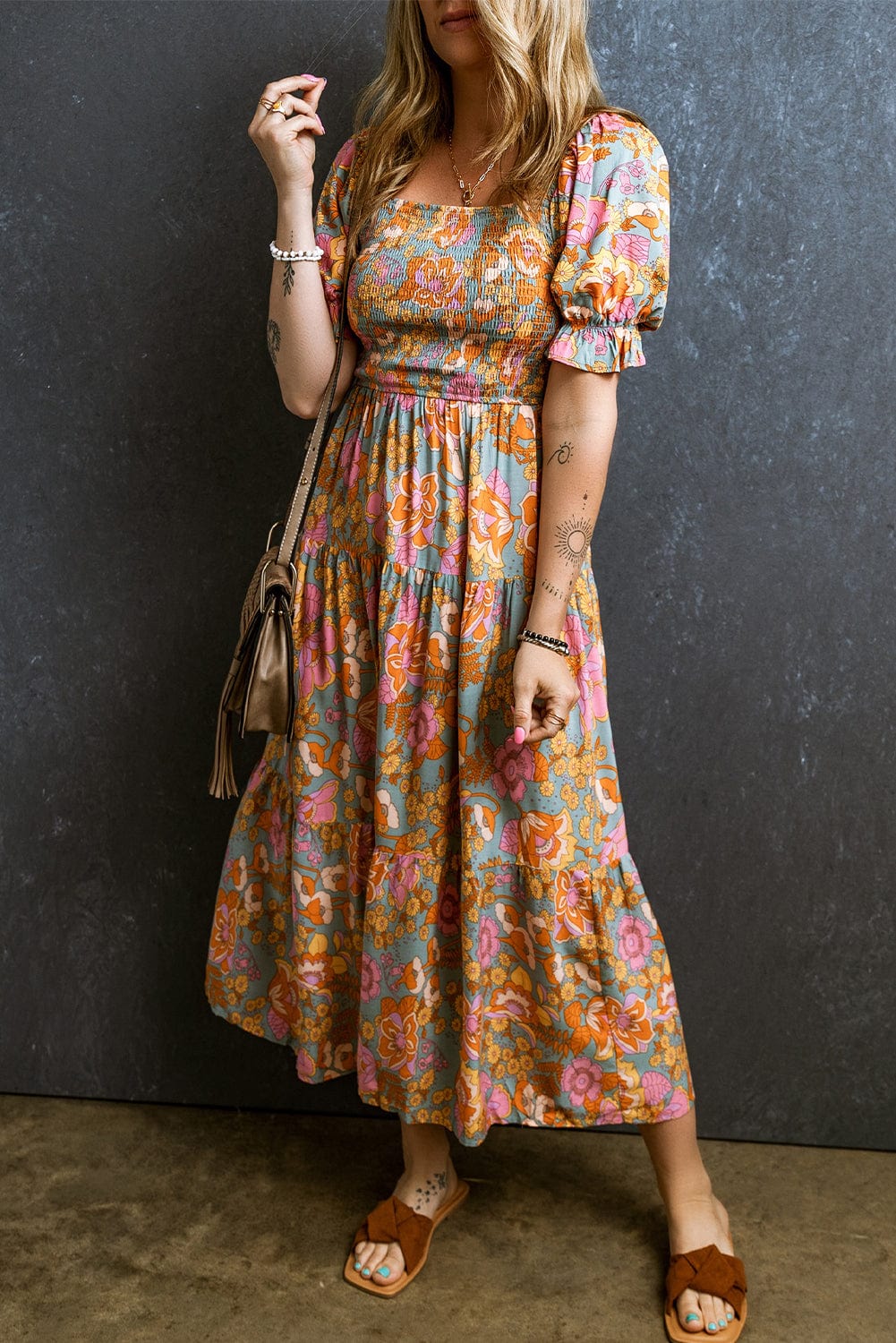 Sunshine Yellow Floral Smocked Puff Sleeve Dress