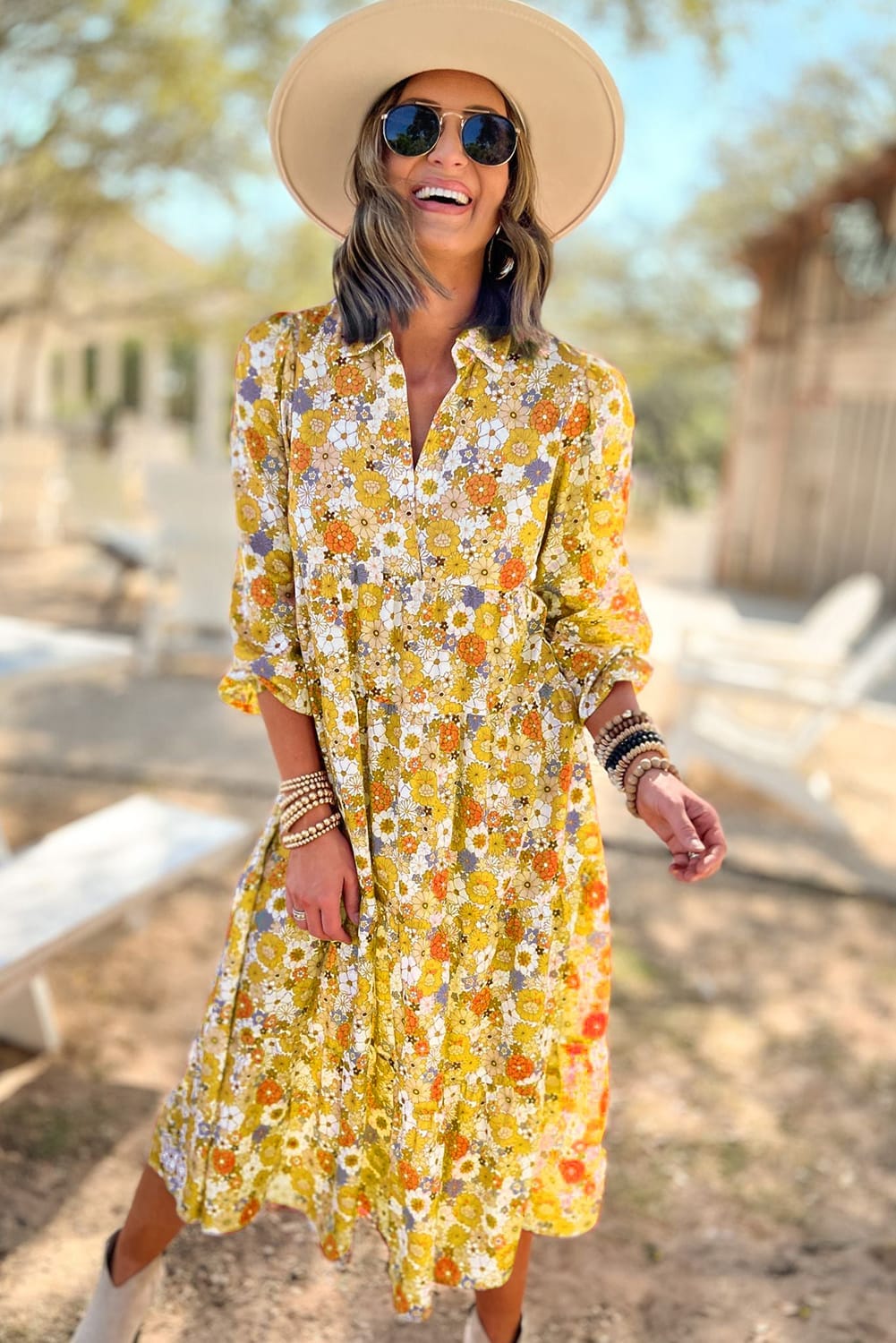 Sunshine Yellow Floral V-Neck A-Line Ruffled Maxi Dress