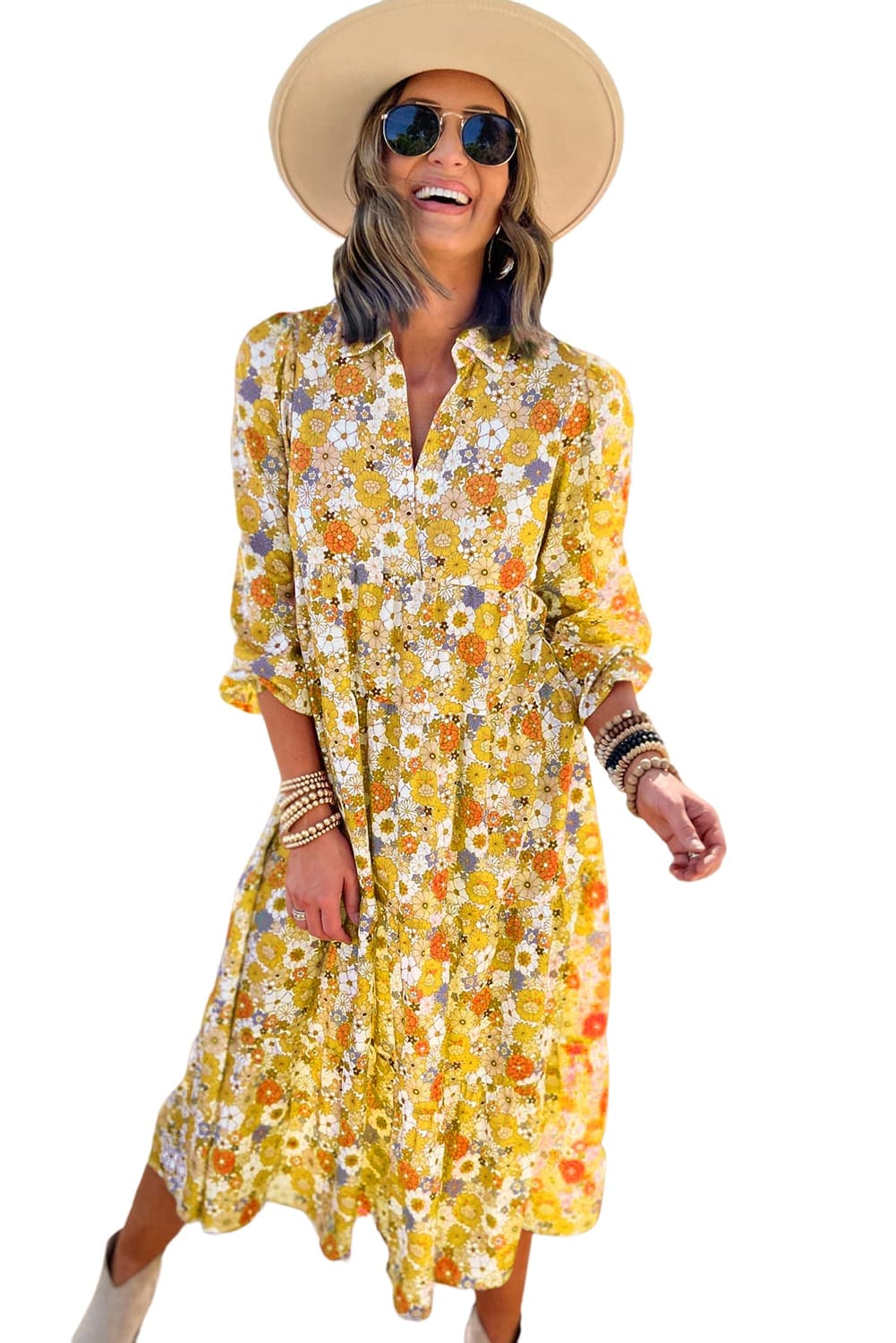 Sunshine Yellow Floral V-Neck A-Line Ruffled Maxi Dress