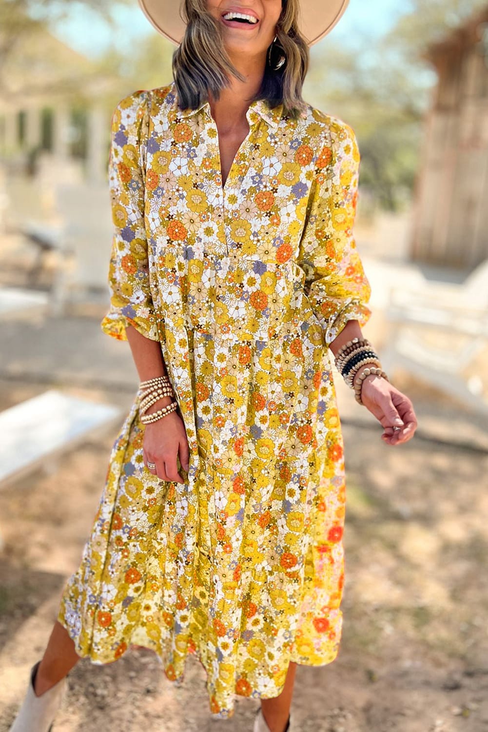 Sunshine Yellow Floral V-Neck A-Line Ruffled Maxi Dress