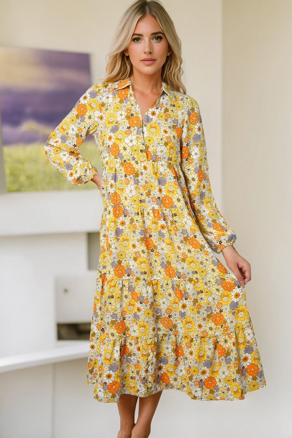 Sunshine Yellow Floral V-Neck A-Line Ruffled Maxi Dress