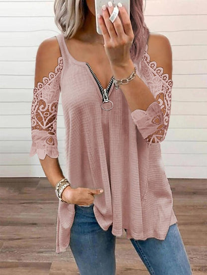 Women's Blouse Lace Zipper Solid Color Lace Basic Standard Summer Black White Pink Red - LuckyFash™