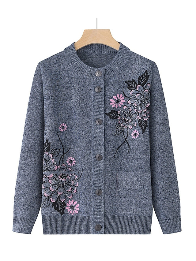 Women's Cardigan Sweater Crew Neck Ribbed Knit Polyester Button Pocket Fall Winter Outdoor Holiday Going out Stylish Casual Soft Long Sleeve Floral claret Grass Green Leather Pink XL 2XL 3XL