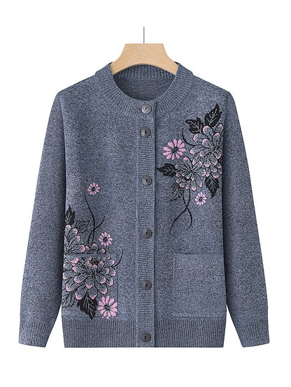 Women's Cardigan Sweater Crew Neck Ribbed Knit Polyester Button Pocket Fall Winter Outdoor Holiday Going out Stylish Casual Soft Long Sleeve Floral claret Grass Green Leather Pink XL 2XL 3XL