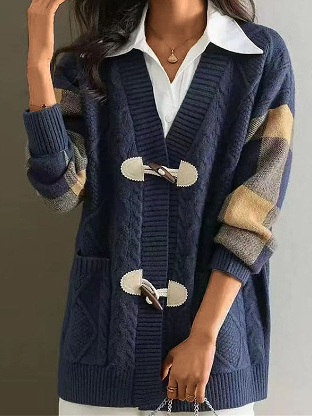 Women's Cardigan Sweater Jacket V Neck Cable Knit Acrylic Pocket Fall Winter Regular Outdoor Valentine's Day Daily Stylish Casual Soft Long Sleeve Plaid Red Navy Blue Green S M L