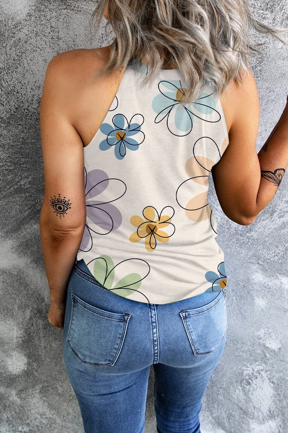 Sweet Beige Floral Sleeveless Tank Top
