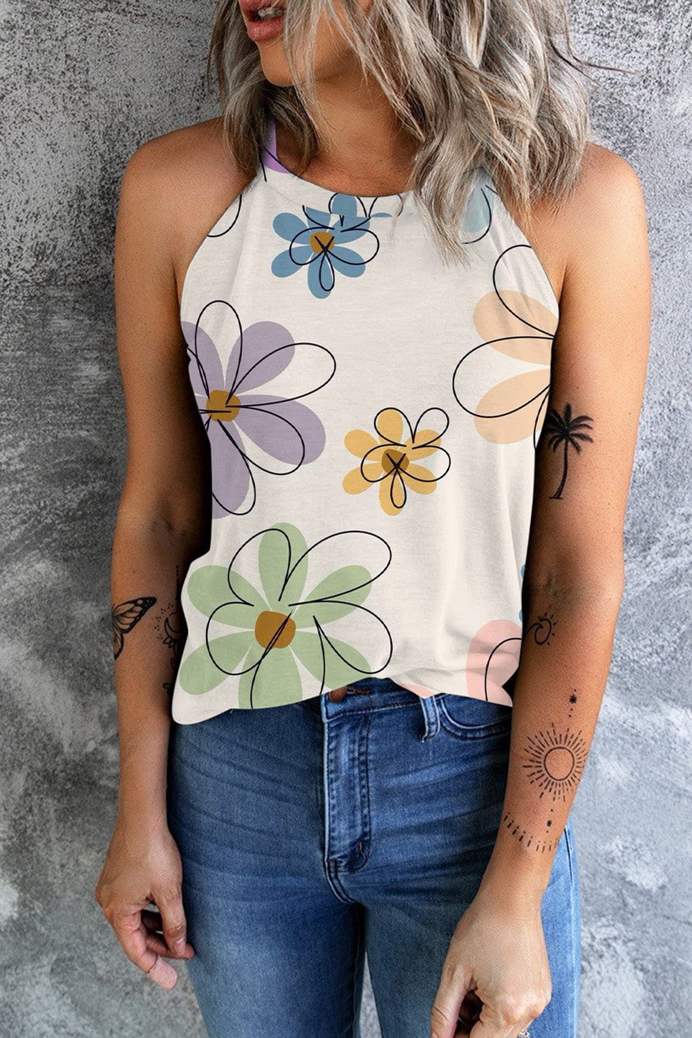 Sweet Beige Floral Sleeveless Tank Top