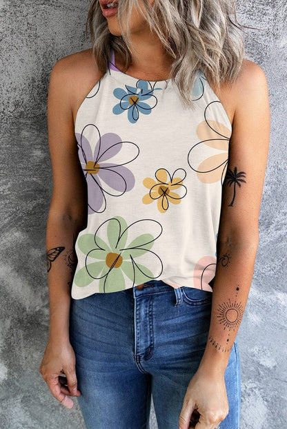 Sweet Beige Floral Sleeveless Tank Top
