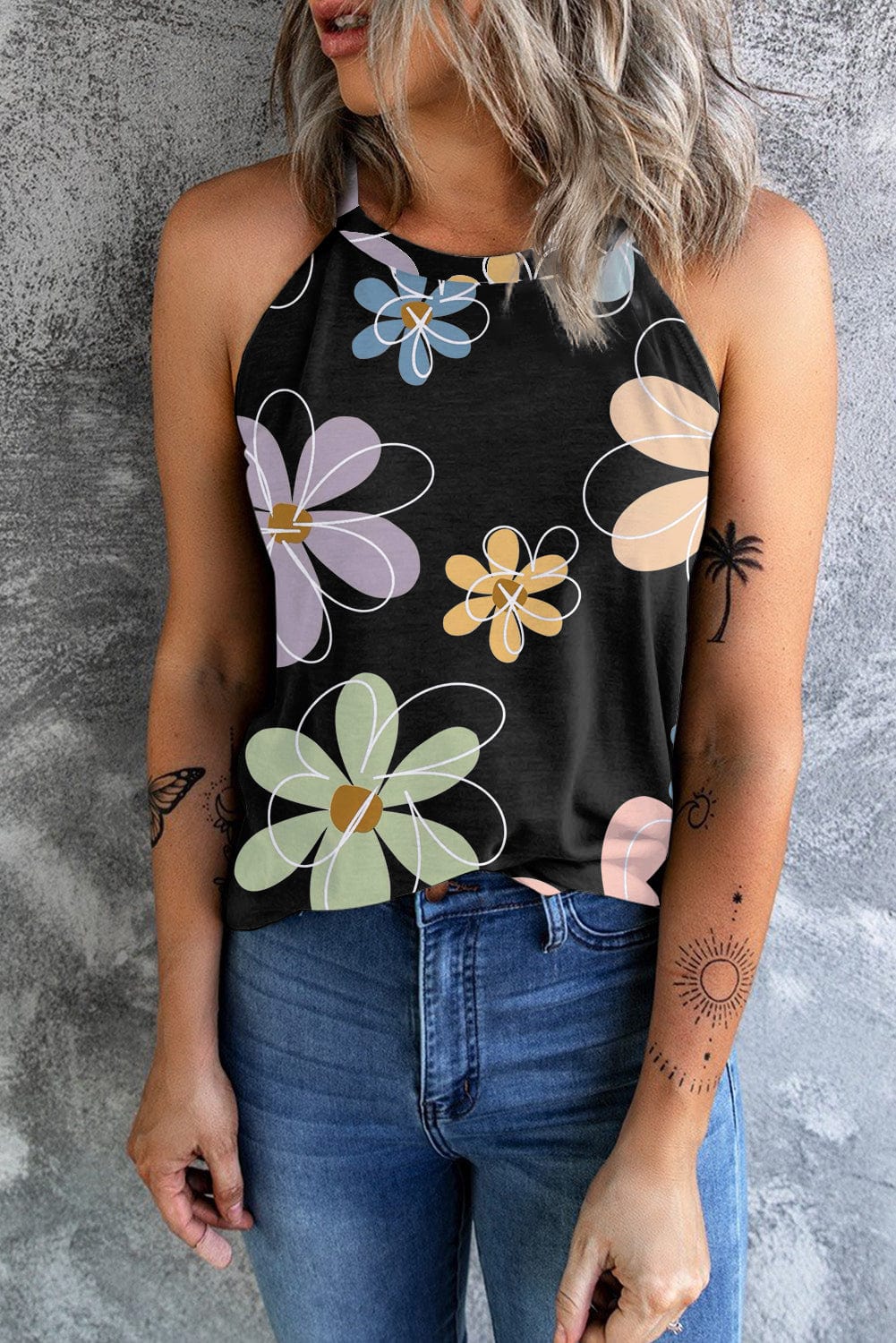 Sweet Black Floral Sleeveless Tank Top