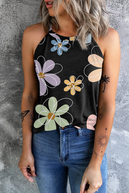 Sweet Black Floral Sleeveless Tank Top