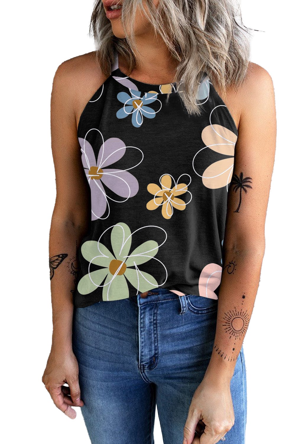 Sweet Black Floral Sleeveless Tank Top