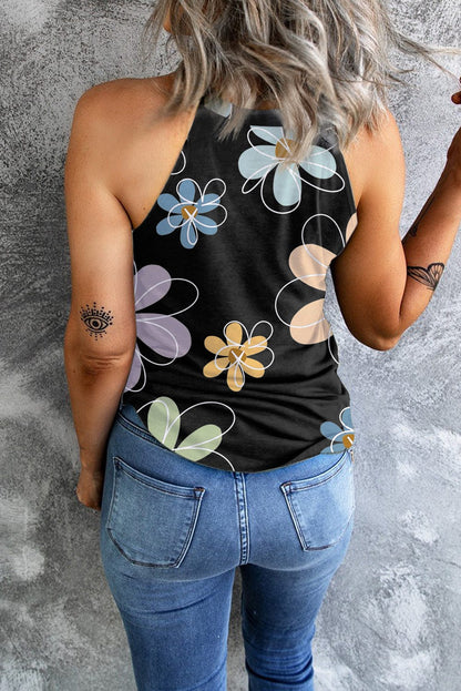Sweet Black Floral Sleeveless Tank Top