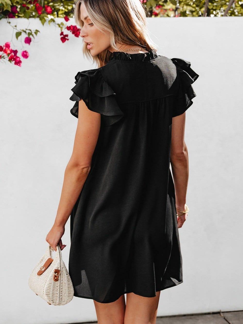 Sweet Black Ruffle Sleeve V Neck Mini Shift Dress