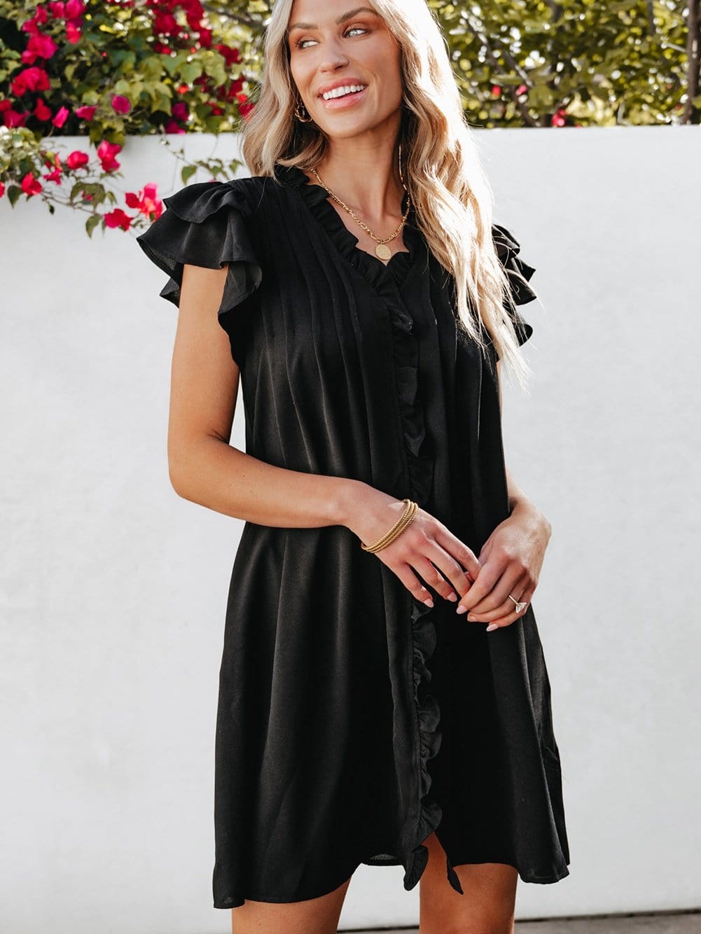 Sweet Black Ruffle Sleeve V Neck Mini Shift Dress