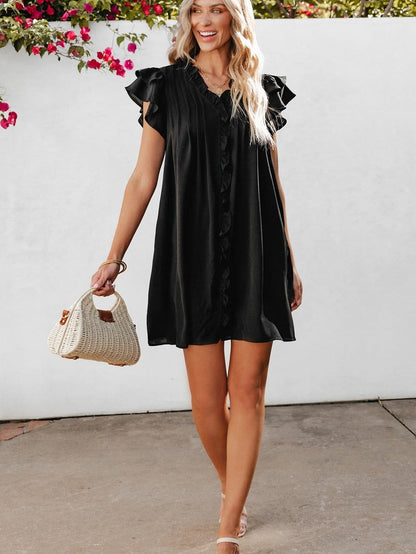 Sweet Black Ruffle Sleeve V Neck Mini Shift Dress