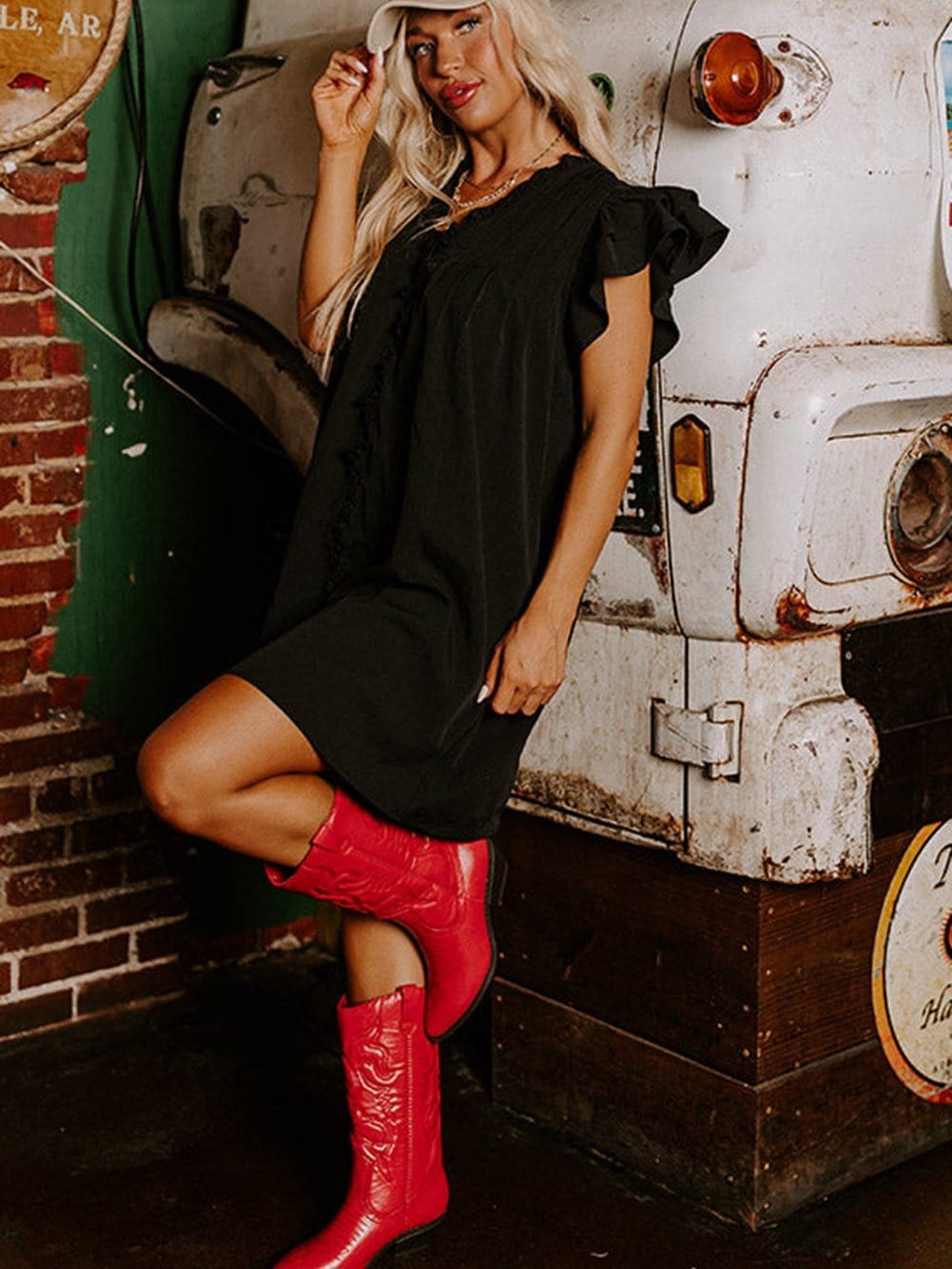 Sweet Black Ruffle Sleeve V Neck Mini Shift Dress