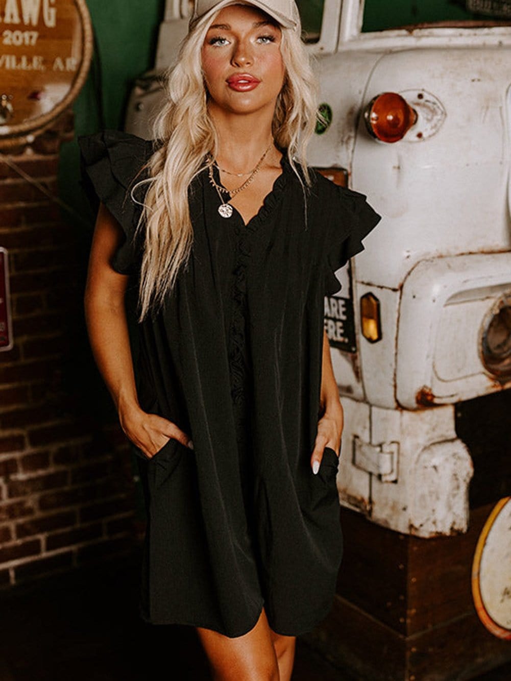 Sweet Black Ruffle Sleeve V Neck Mini Shift Dress