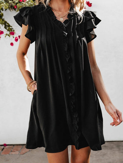 Sweet Black Ruffle Sleeve V Neck Mini Shift Dress