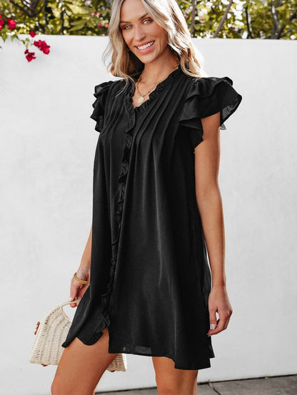 Sweet Black Ruffle Sleeve V Neck Mini Shift Dress