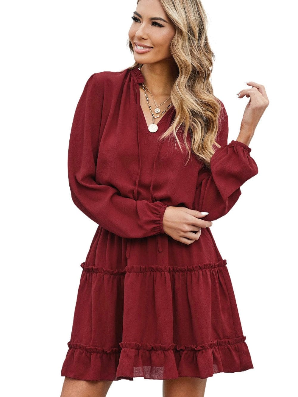 Sweet Chiffon V Neck Tiered Ruffle Mini Dress