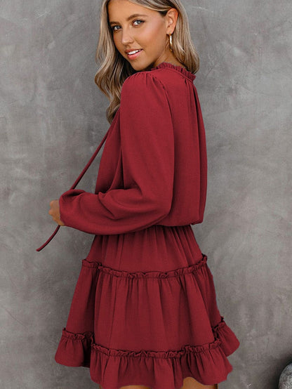 Sweet Chiffon V Neck Tiered Ruffle Mini Dress