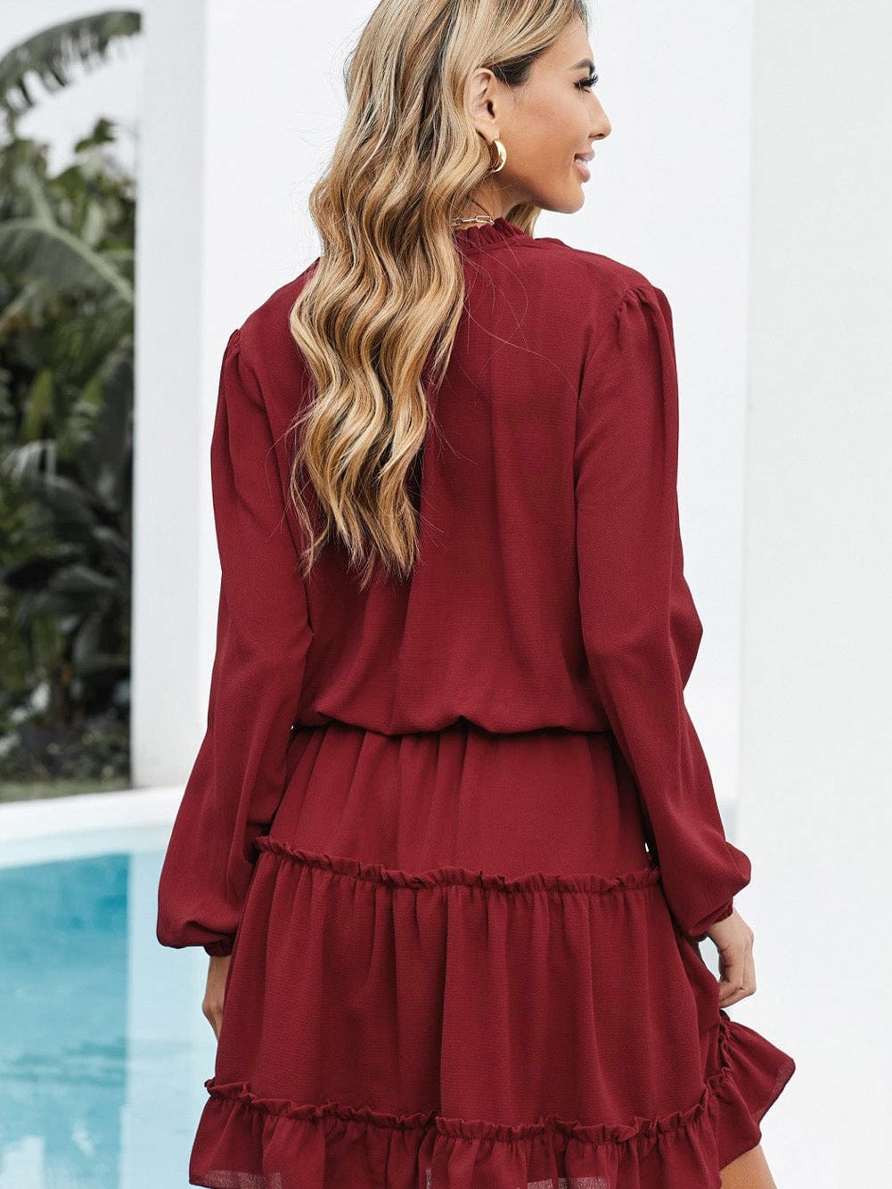 Sweet Chiffon V Neck Tiered Ruffle Mini Dress