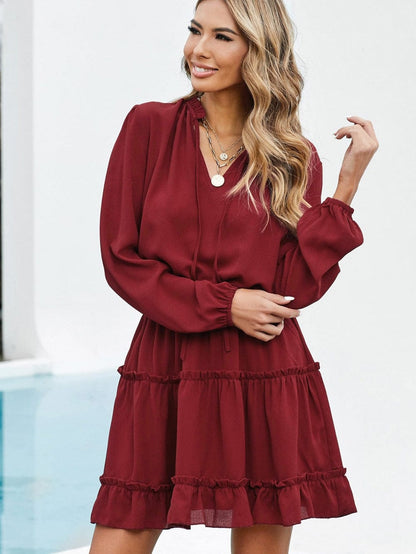 Sweet Chiffon V Neck Tiered Ruffle Mini Dress