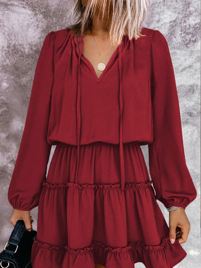 Sweet Chiffon V Neck Tiered Ruffle Mini Dress