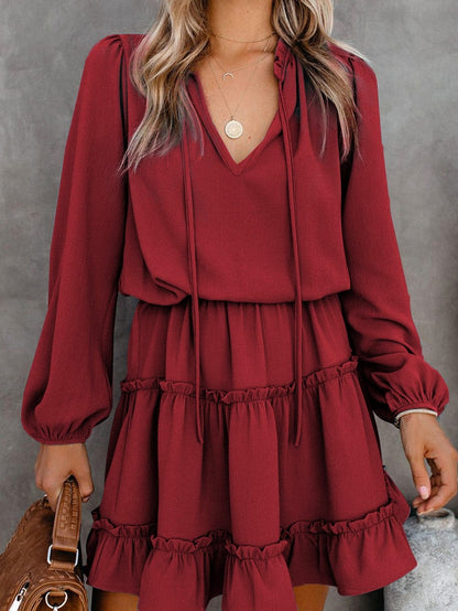 Sweet Chiffon V Neck Tiered Ruffle Mini Dress