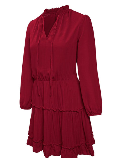 Sweet Chiffon V Neck Tiered Ruffle Mini Dress