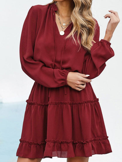 Sweet Chiffon V Neck Tiered Ruffle Mini Dress