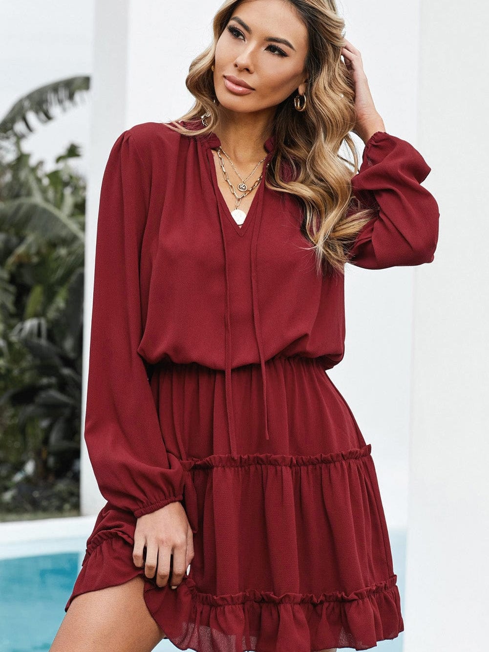 Sweet Chiffon V Neck Tiered Ruffle Mini Dress